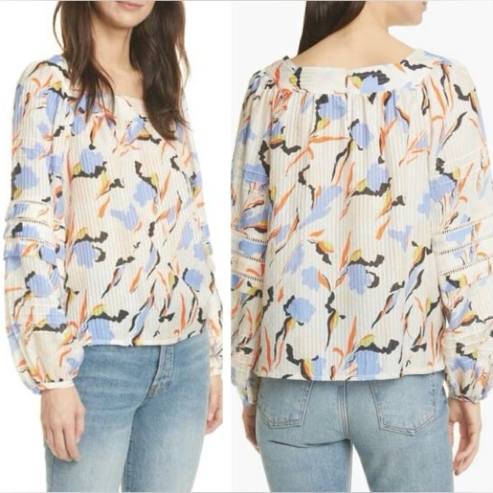 NWOT Joie Cadby Multicolor Pleated Silk Blend Peasant Blouse Porcelain Print‎ XS